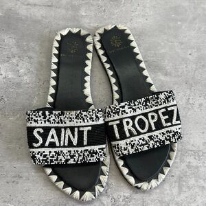 De Siena Black and White Saint Tropez Beaded Leather Sandals Womens  Size 7.5